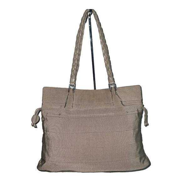 Salvatore Ferragamo Tiered Canvas Grosgrain Braided Leather Neutral Bag Tote - Picture 1 of 14